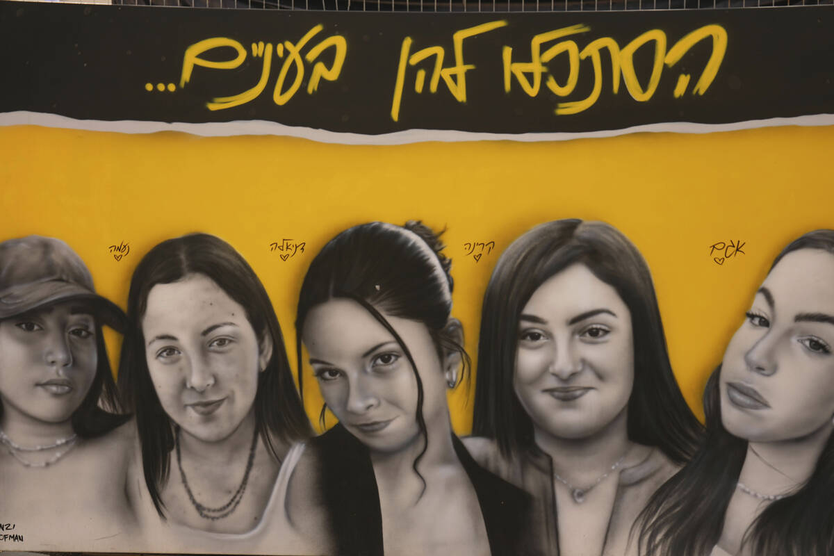 FILE - A mural of female Israeli soldiers who were abducted and brought to Gaza is displayed in ...