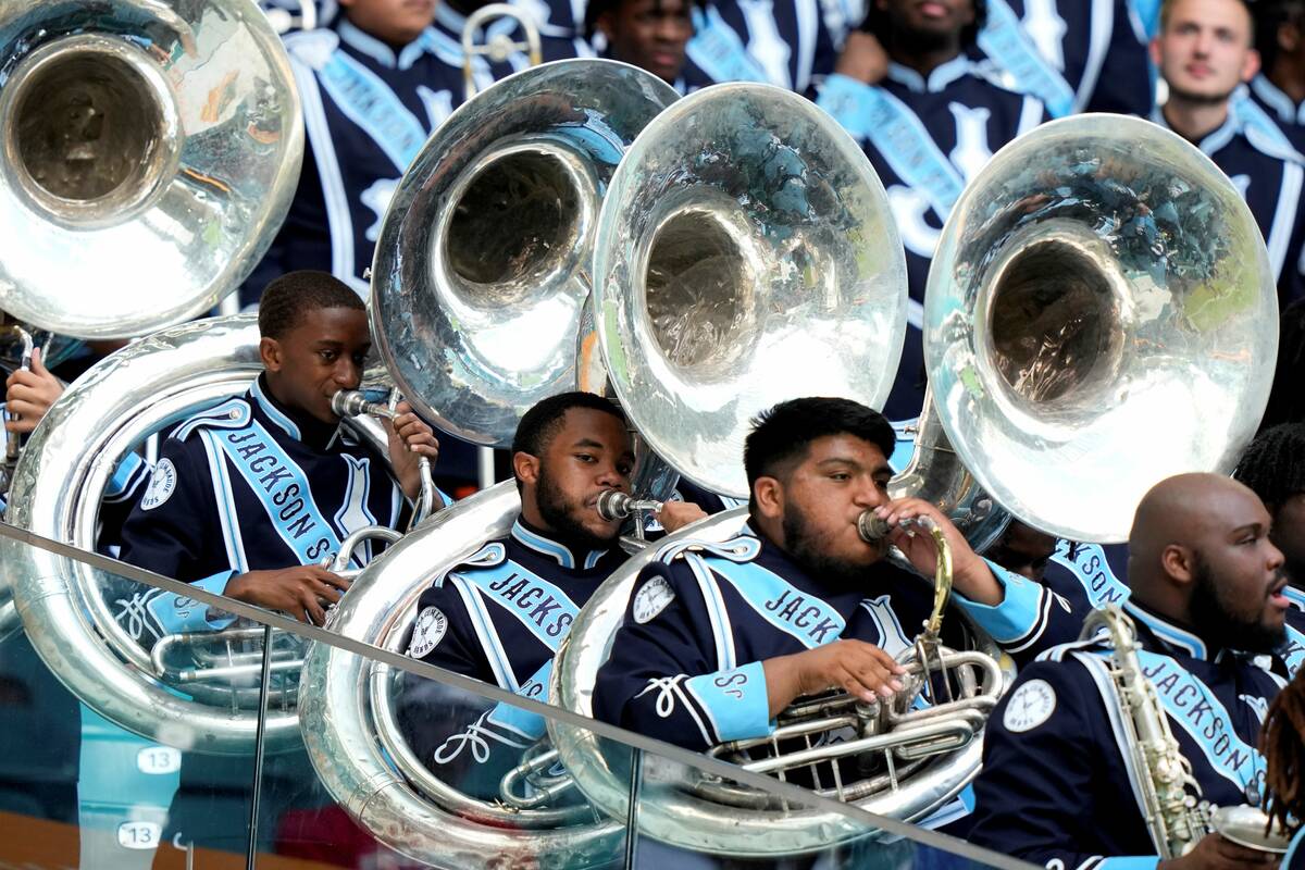 The Jackson State Sonic Boom of the South marching band performs during the second half of the ...