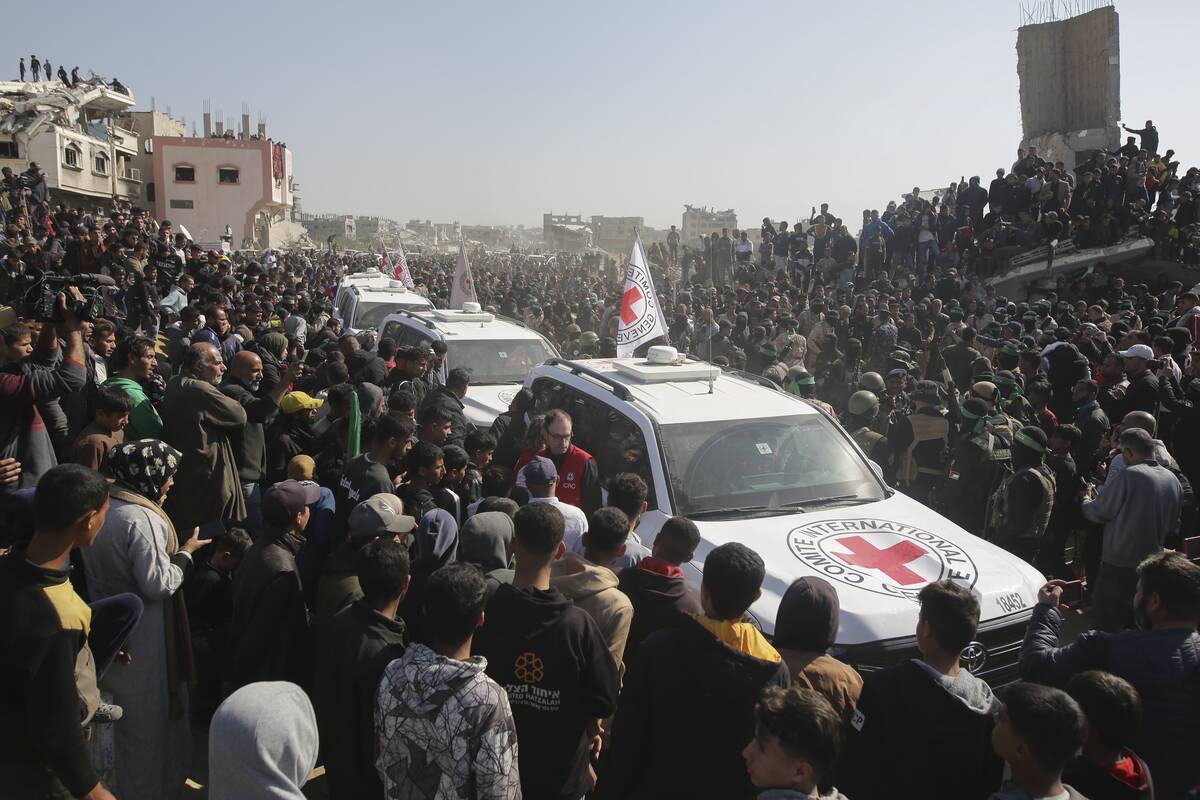 A crowd surrounds Red Cross cars as they arrive at the site for the handover of Thai and Israel ...
