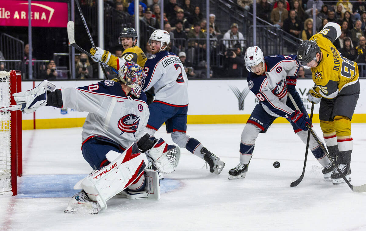 Golden Knights right wing Victor Olofsson (95) looks to score against Columbus Blue Jackets goa ...