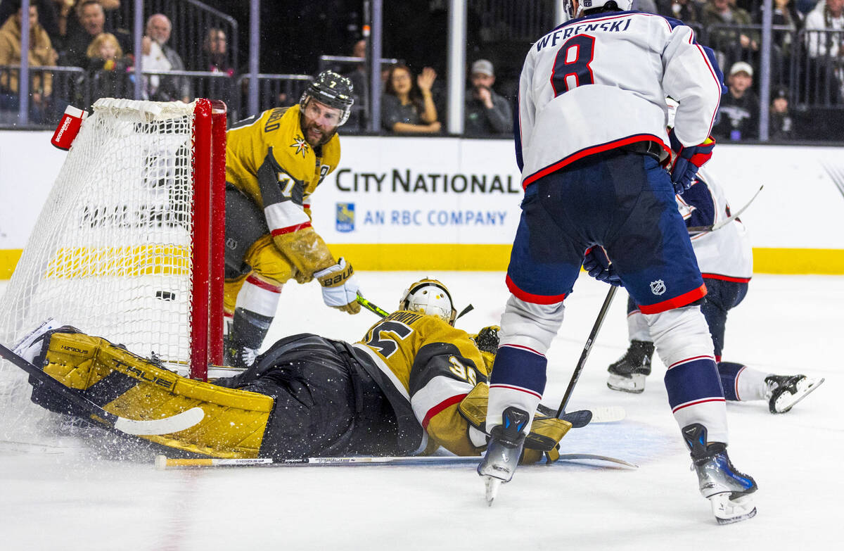 Golden Knights goaltender Ilya Samsonov (35) misses a shot for a score by Columbus Blue Jackets ...