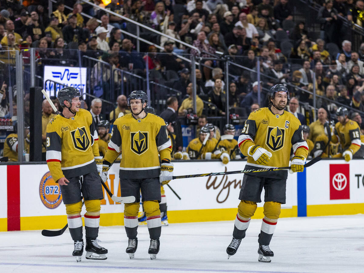 Golden Knights center Jack Eichel (9), left wing Pavel Dorofeyev (16) and right wing Mark Stone ...