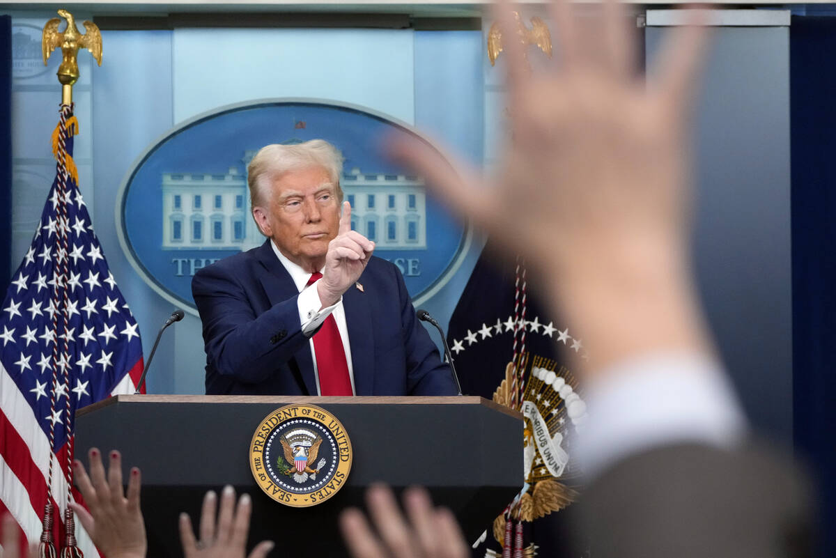 President Donald Trump speaks in the James Brady Press Briefing Room at the White House, Thursd ...