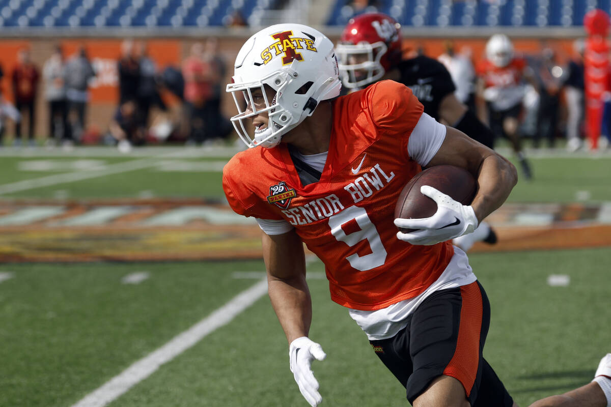 National team wide receiver Jayden Higgins of Iowa State (9) runs through drills during practic ...