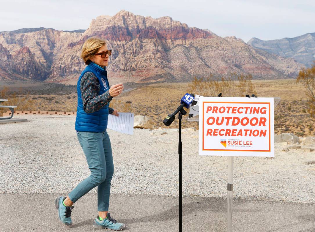 Congresswoman Susie Lee approaches the microphone during a press conference at Red Rock Canyon ...