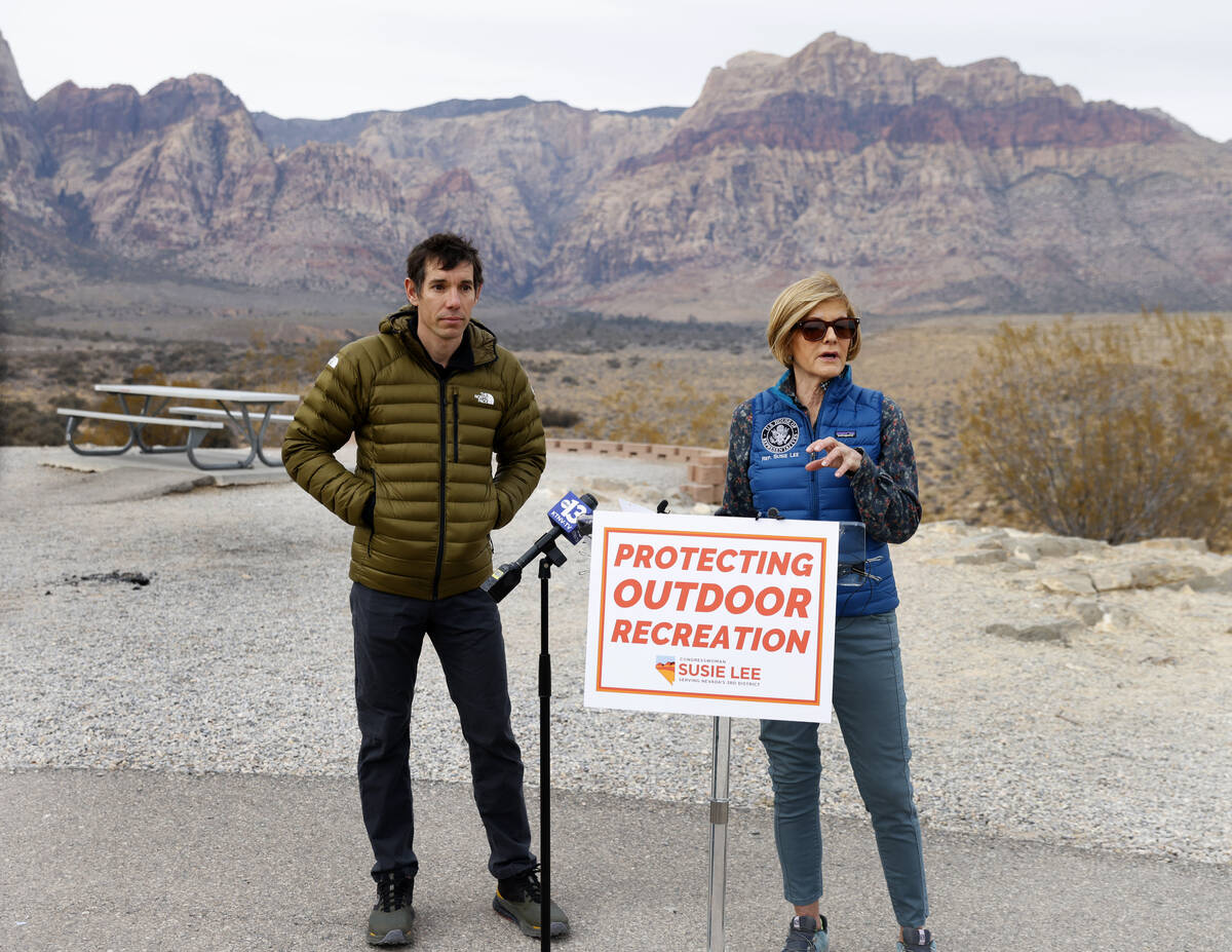 Congresswoman Susie Lee speaks during a press conference as world-famous free soloist rock clim ...