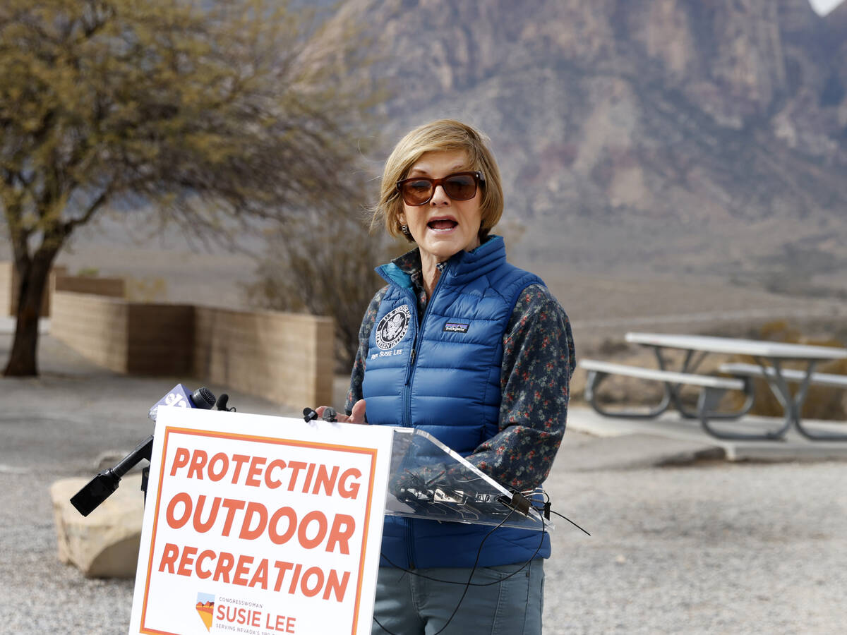 U.S. Congresswoman Susie Lee speaks during a press conference at Red Rock Canyon Overlook, on F ...