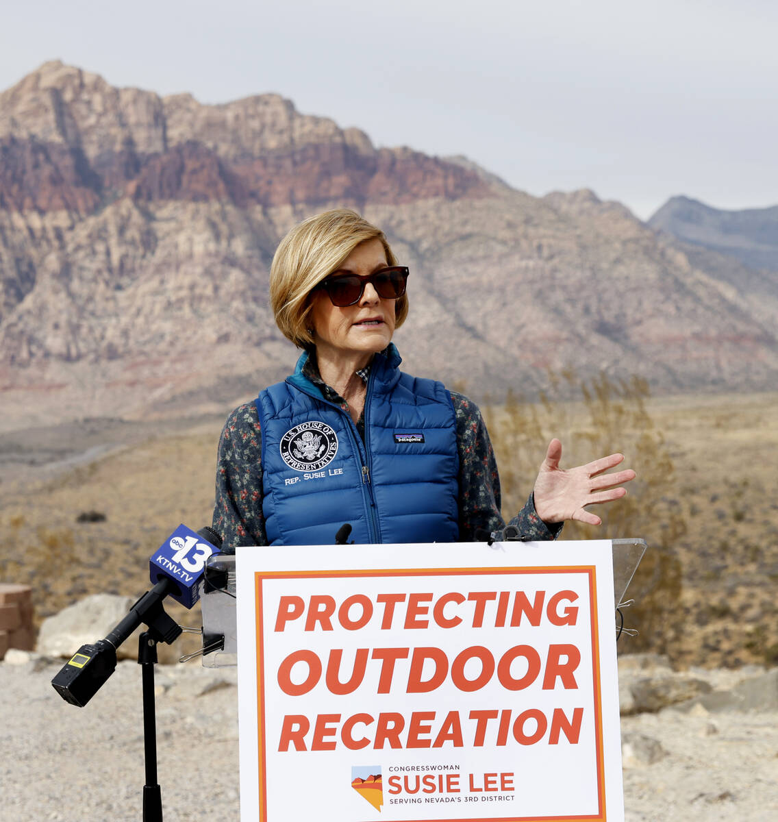 Congresswoman Susie Lee speaks during a press conference at Red Rock Canyon Overlook on Friday, ...
