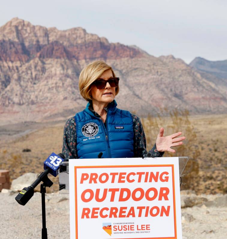 Congresswoman Susie Lee speaks during a press conference at Red Rock Canyon Overlook on Friday, ...