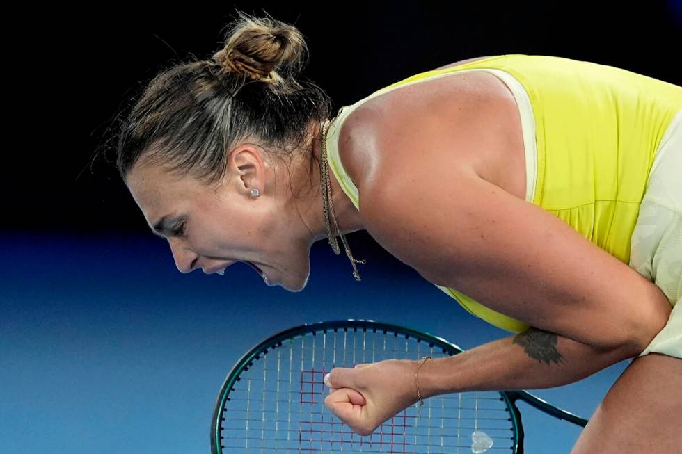Aryna Sabalenka of Belarus reacts during the women's singles final against Madison Keys of the ...