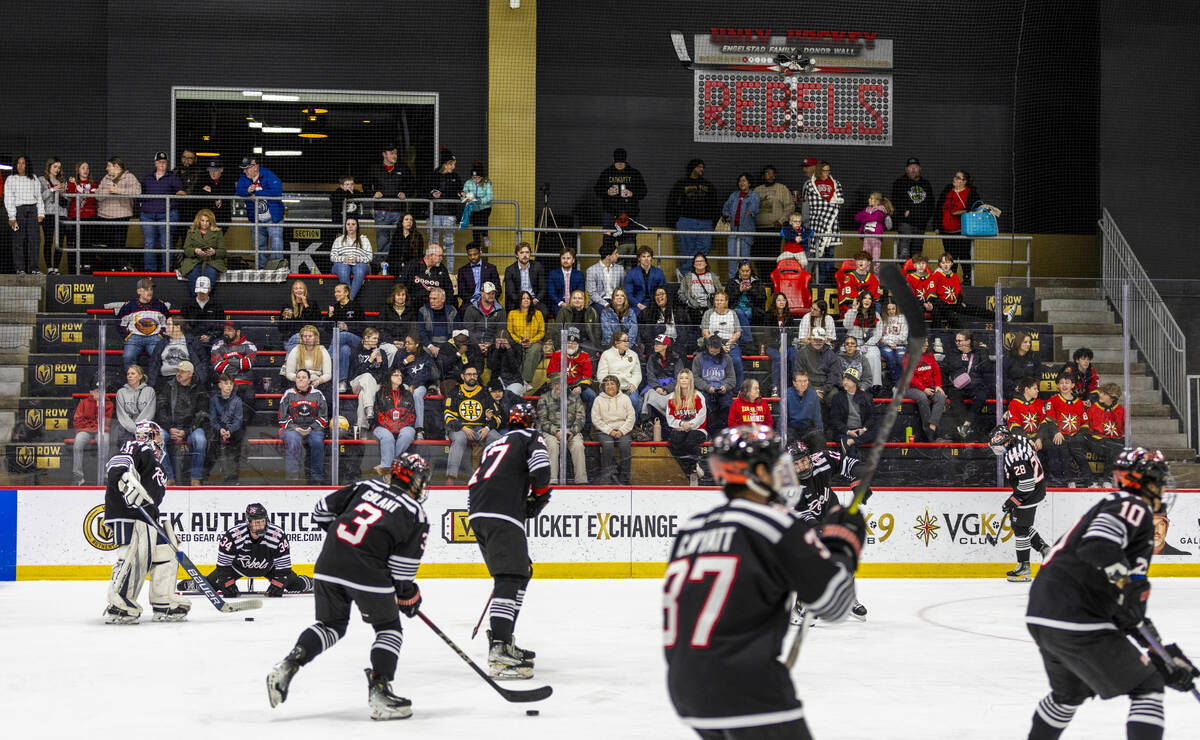 UNLV players warm up before the club hockey team faces the Jamestown Jimmies during their game ...