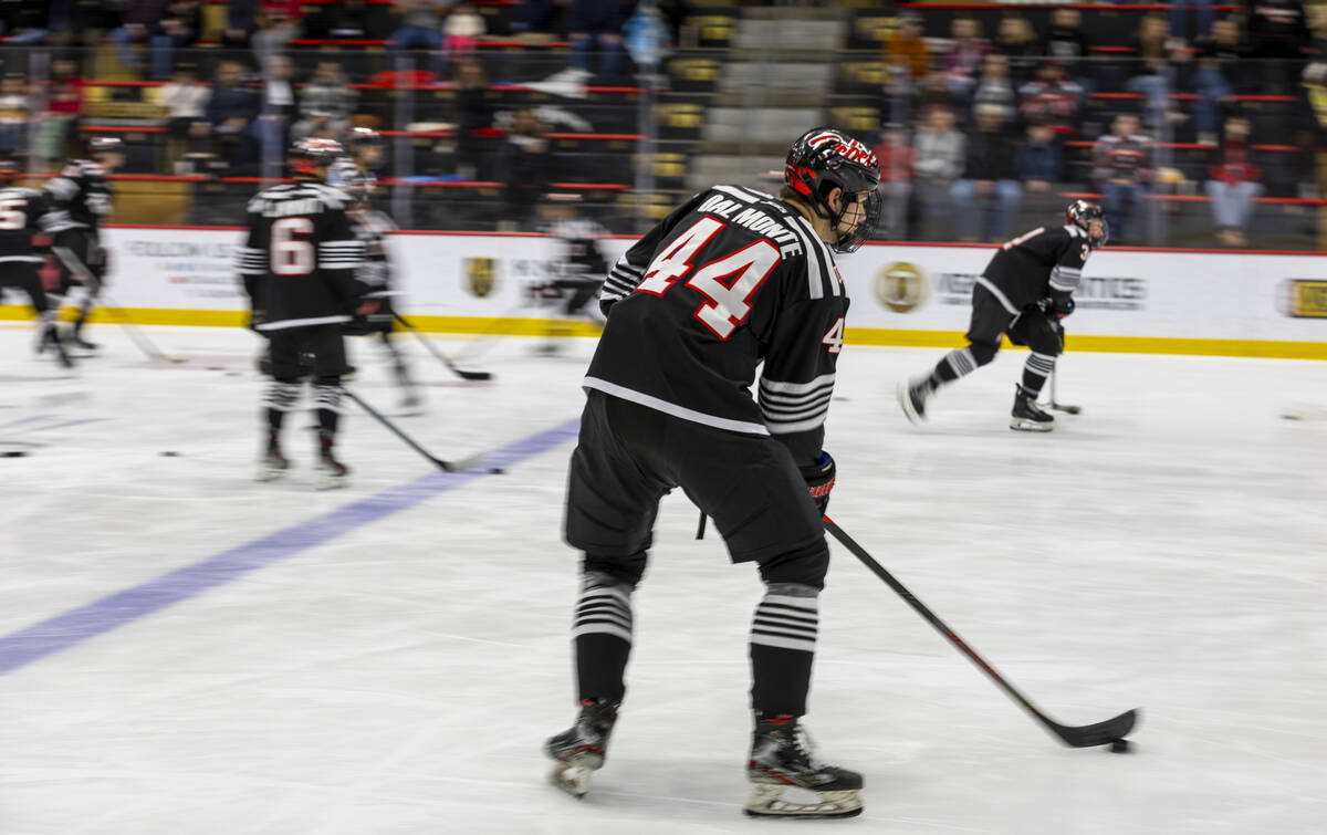 UNLV defenseman Mattias Dal Monte (44) warms up before the club hockey team faces the Jamestown ...