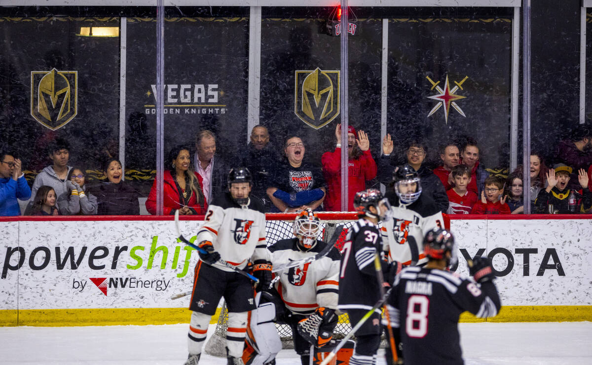 UNLV fans cheers for their first goal as the club hockey team leads the Jamestown Jimmies durin ...