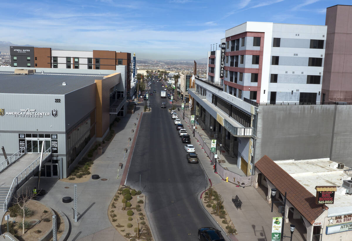 The Watermark, right, a mixed-use project in downtown Henderson, is seen, on Wednesday, Feb. 19 ...