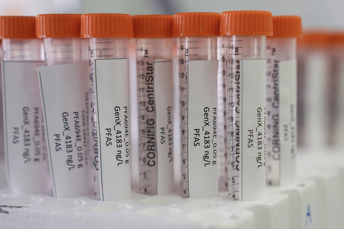 Vials containing PFAS samples sit in a tray on April 10, 2024, at a U.S. Environmental Protecti ...