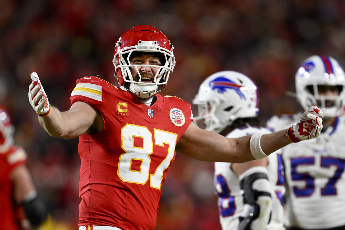 Kansas City Chiefs tight end Travis Kelce celebrates as time runs down in their NFL AFC Champio ...