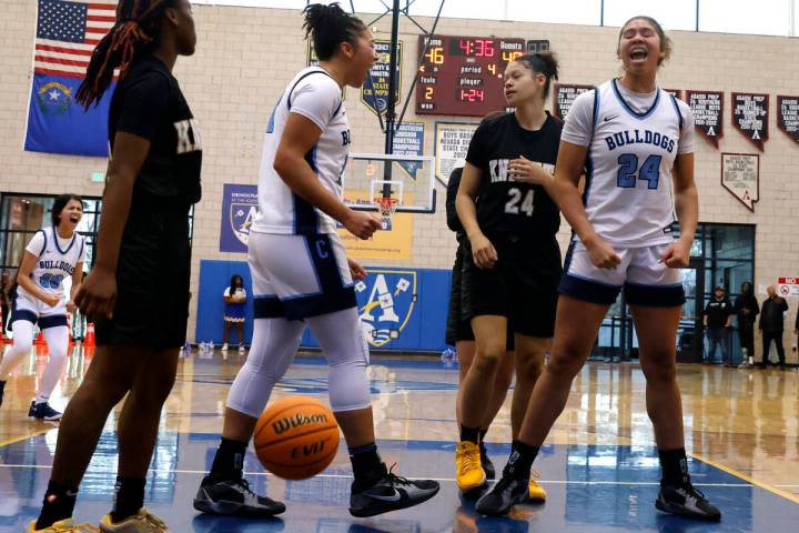 Centennial's Nation Williams (24) reacts after a foul is called on Democracy Prep during the se ...