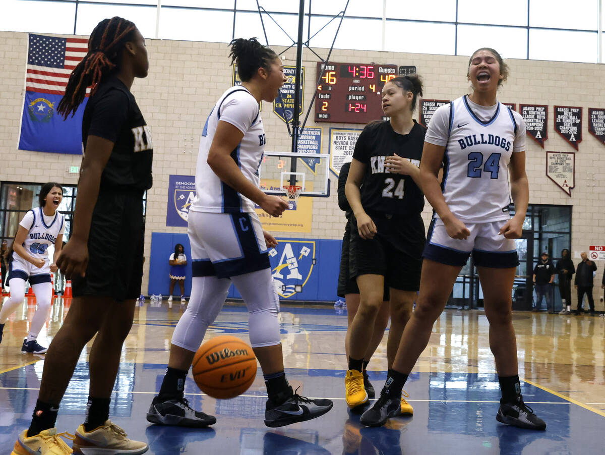 Centennial's Nation Williams (24) reacts after a foul is called on Democracy Prep during the se ...