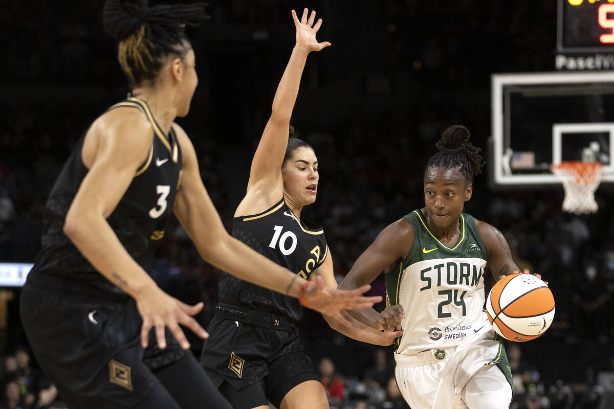 FILE - Former Seattle Storm guard Jewell Loyd (24) dribbled around the then Las Vegas Aces guar ...