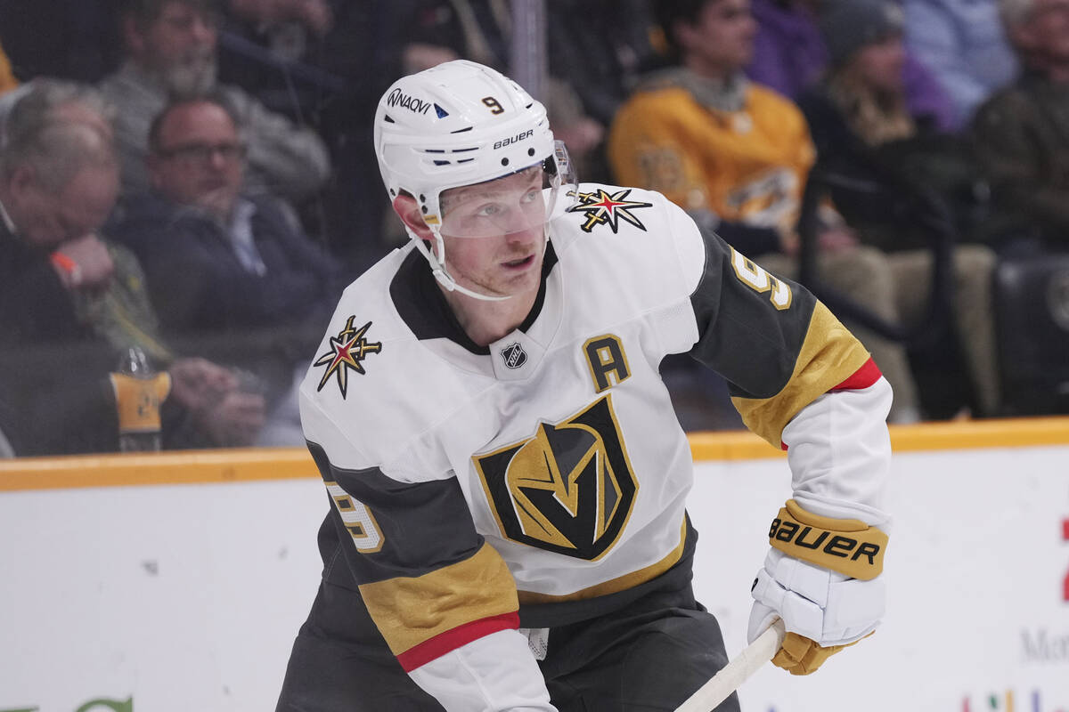 FILE - Vegas Golden Knights center Jack Eichel (9) plays during the second period of an NHL hoc ...