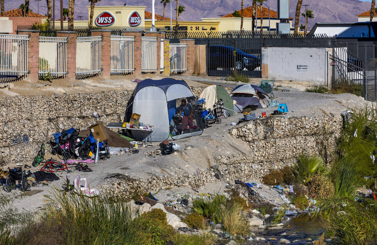 A homeless camper walks about inside his tent amongst others about the wash along S. Maryland P ...