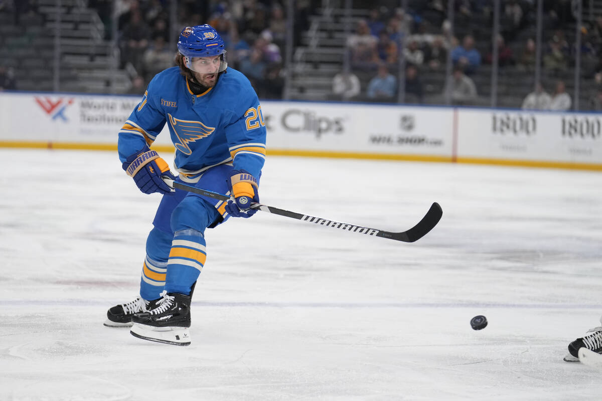 St. Louis Blues' Brandon Saad watches the puck during the second period of an NHL hockey game a ...