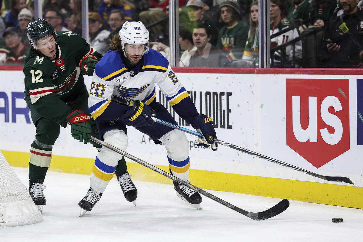 St. Louis Blues left wing Brandon Saad (20) and Minnesota Wild left wing Matt Boldy (12) compet ...