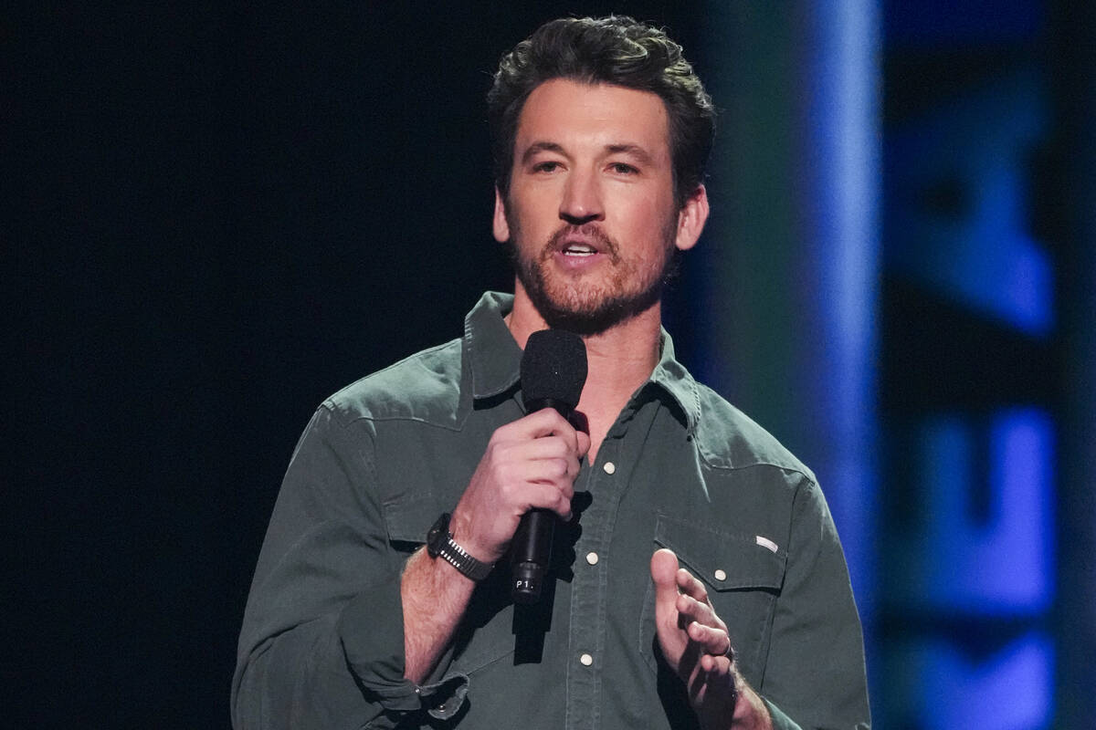 Miles Teller speaks during the FireAid benefit concert on Thursday, Jan. 30, 2025, at Intuit Do ...