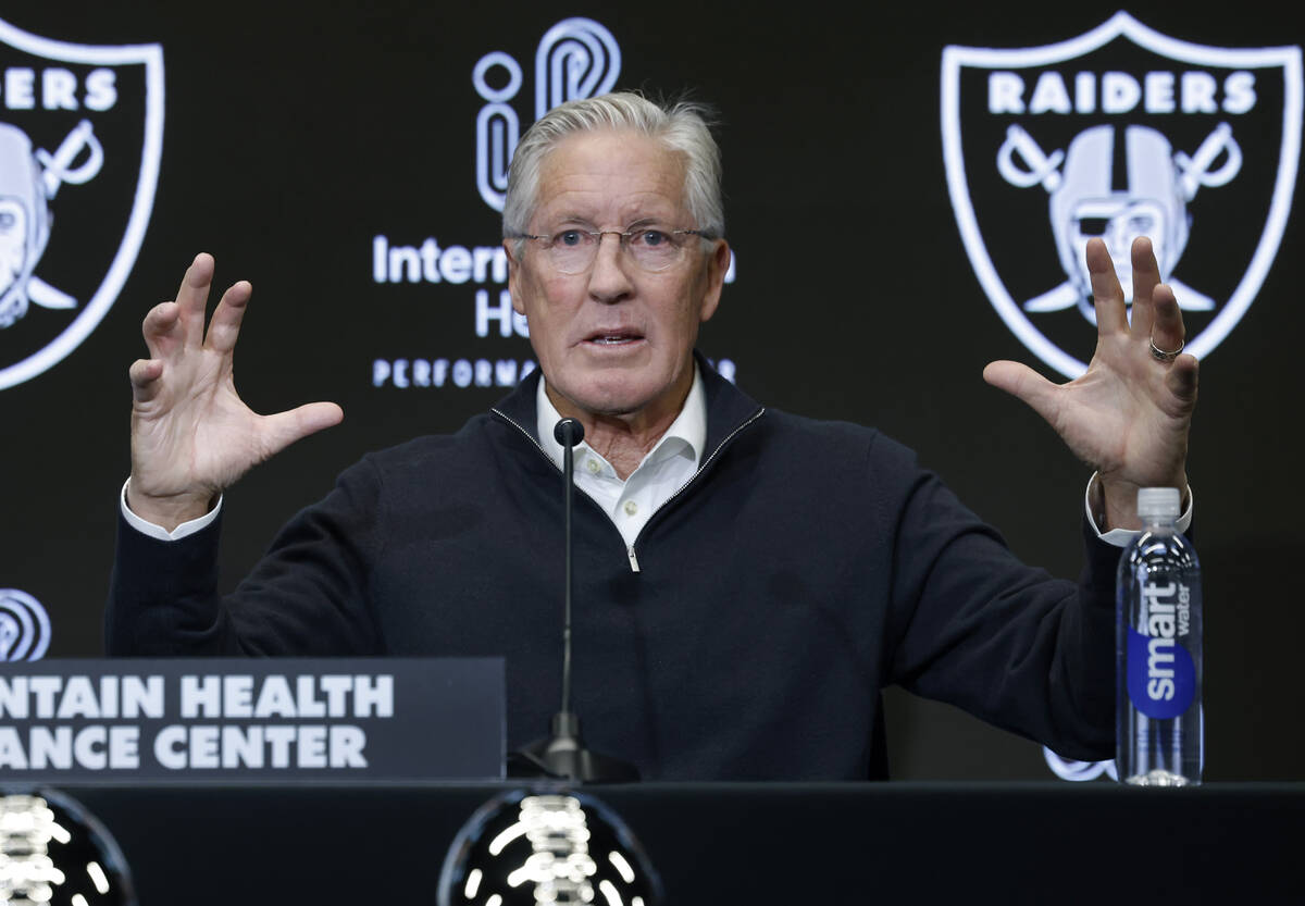 Pete Carroll speaks after being introduced as the new Raiders head coach during a press confere ...