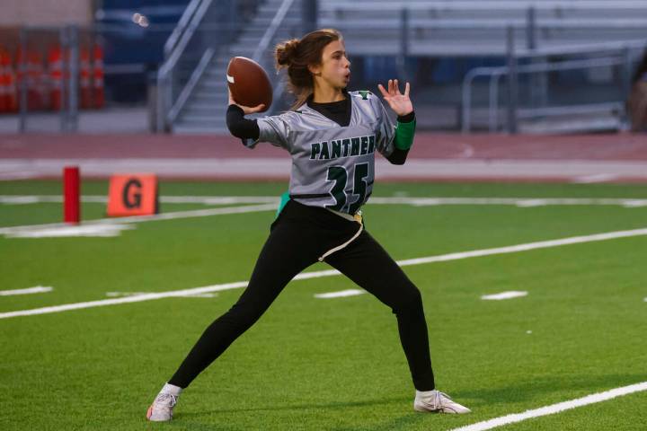 Palo Verde quarterback Yolana Huff (35) throws a pass during a flag football game at Shadow Rid ...