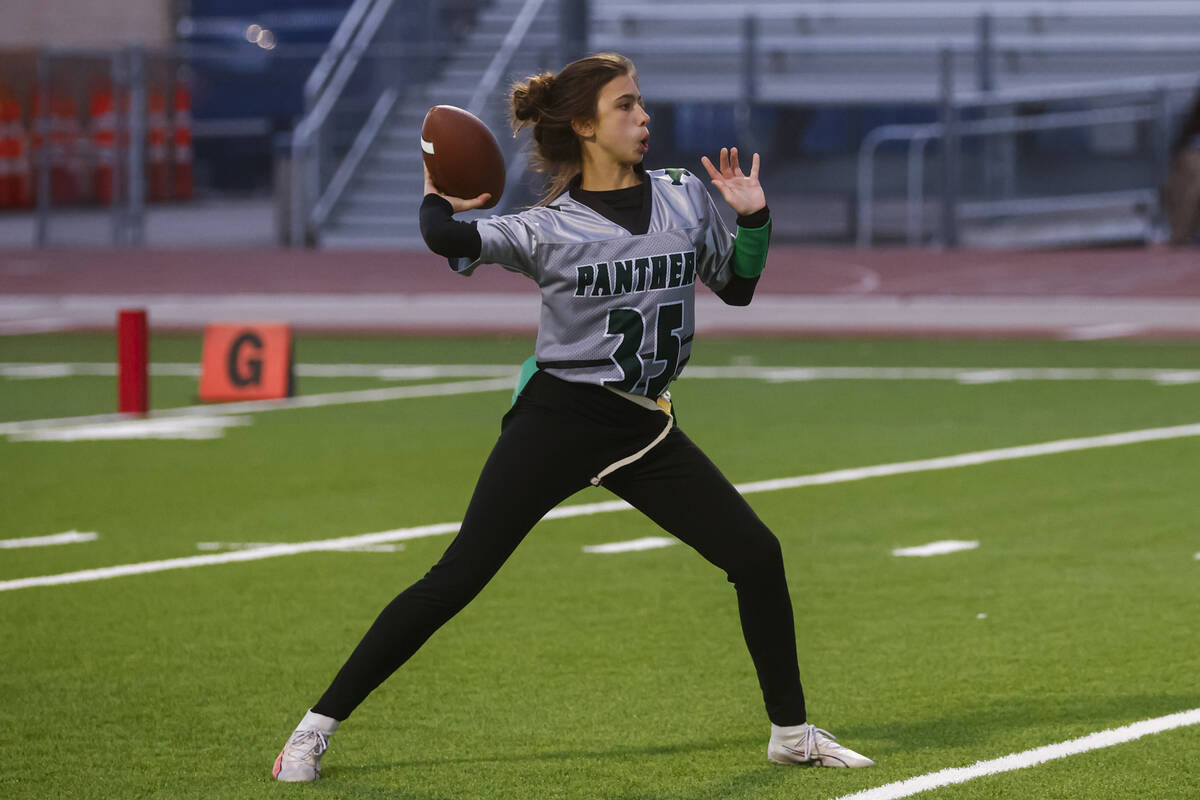 Palo Verde quarterback Yolana Huff (35) throws a pass during a flag football game at Shadow Rid ...