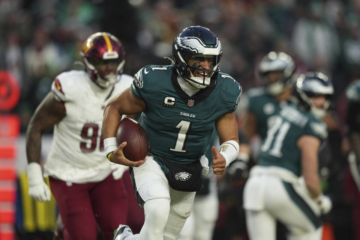 Philadelphia Eagles' Jalen Hurts plays during the NFC Championship NFL football game between th ...