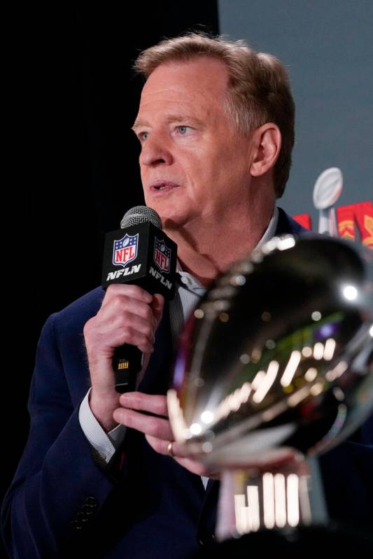 NFL commissioner Roger Goodell speaks during a news conference, Monday, Feb. 3, 2025, in New Or ...
