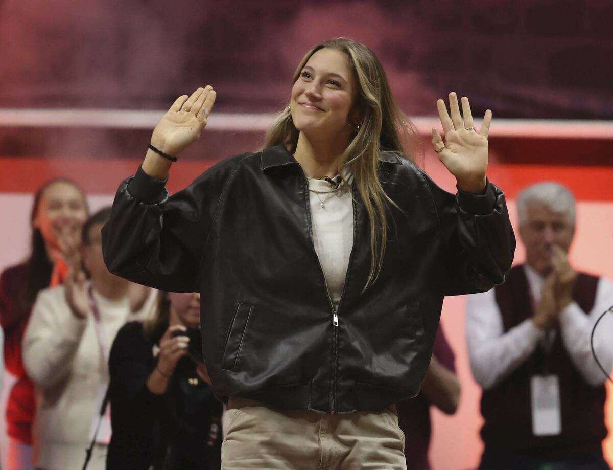 Former Virginia Tech and current Las Vegas Aces WNBA player Elizabeth Kitley is honored during ...