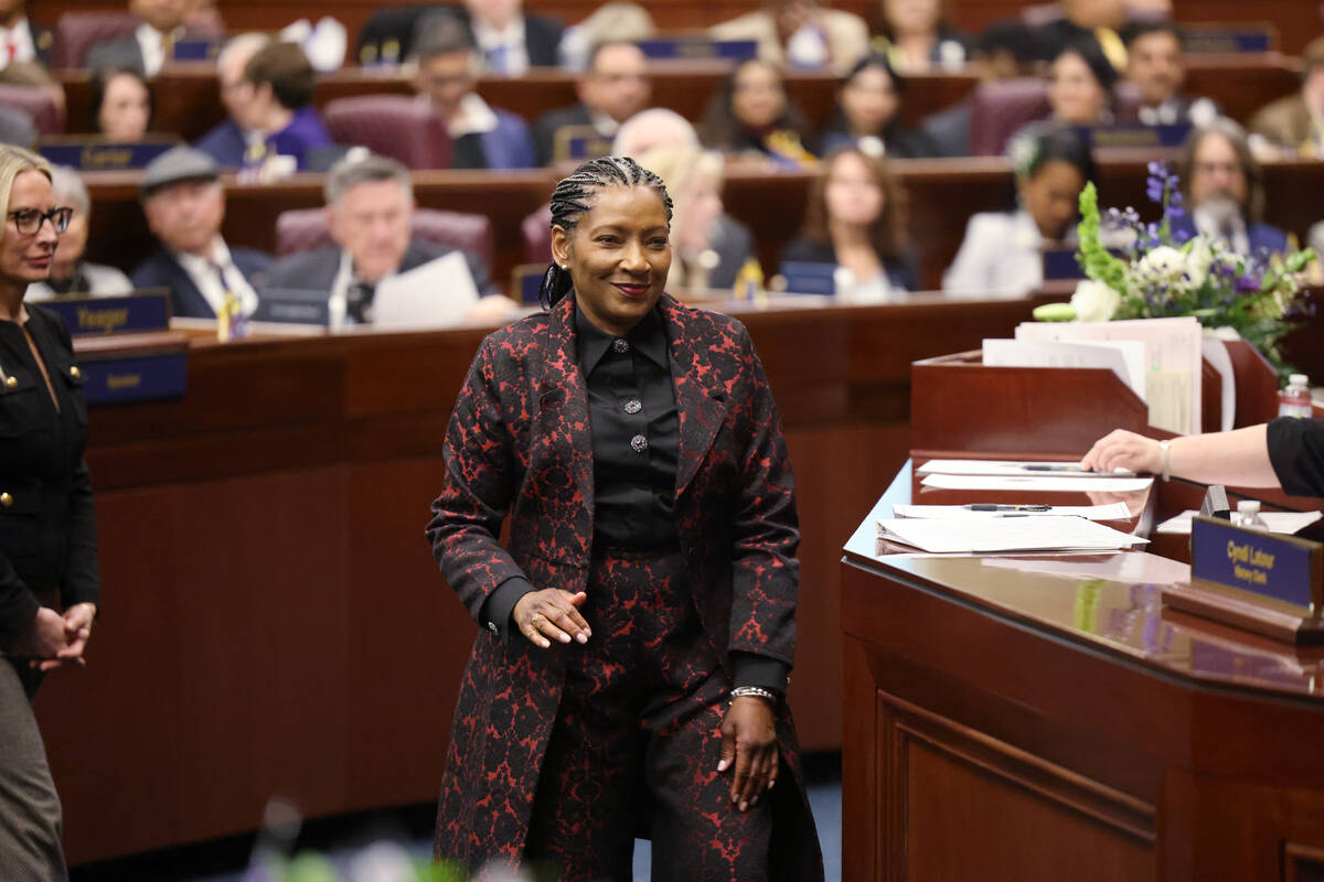 Assembly member Tanya P. Flanagan, D-Las Vegas, reacts after signing paperwork on the Assembly ...