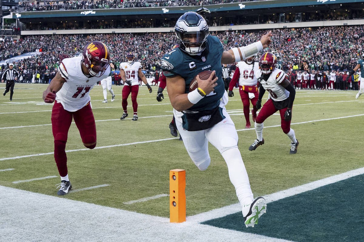 Philadelphia Eagles quarterback Jalen Hurts (1) in action during the NFL championship playoff f ...