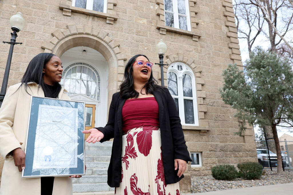 Assembly member Cecelia González, D-Las Vegas, right, speaks as Ebonee Otoo, senior vice p ...