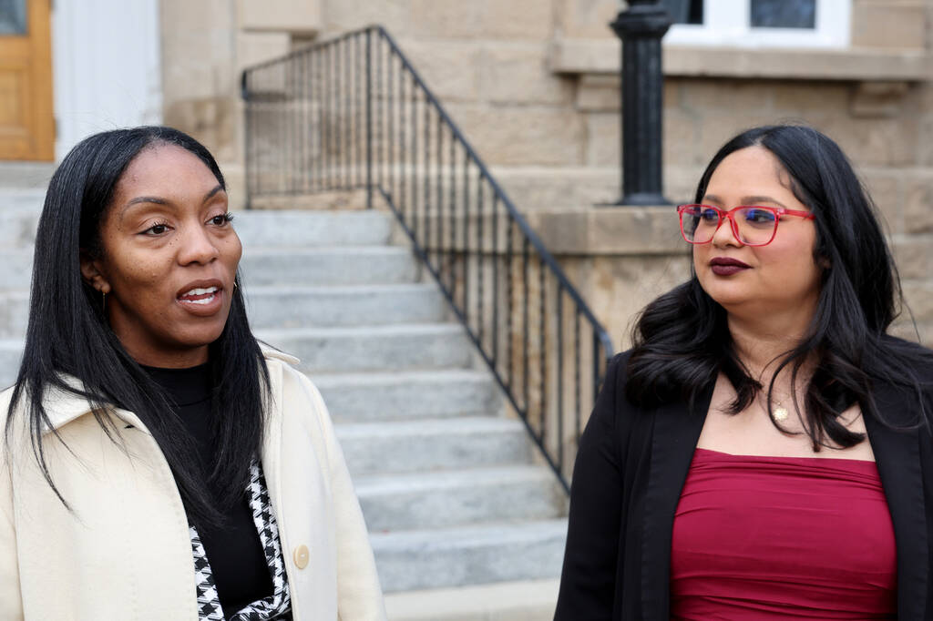 Ebonee Otoo, senior vice president of educator engagement at the News Literacy Project, left, s ...