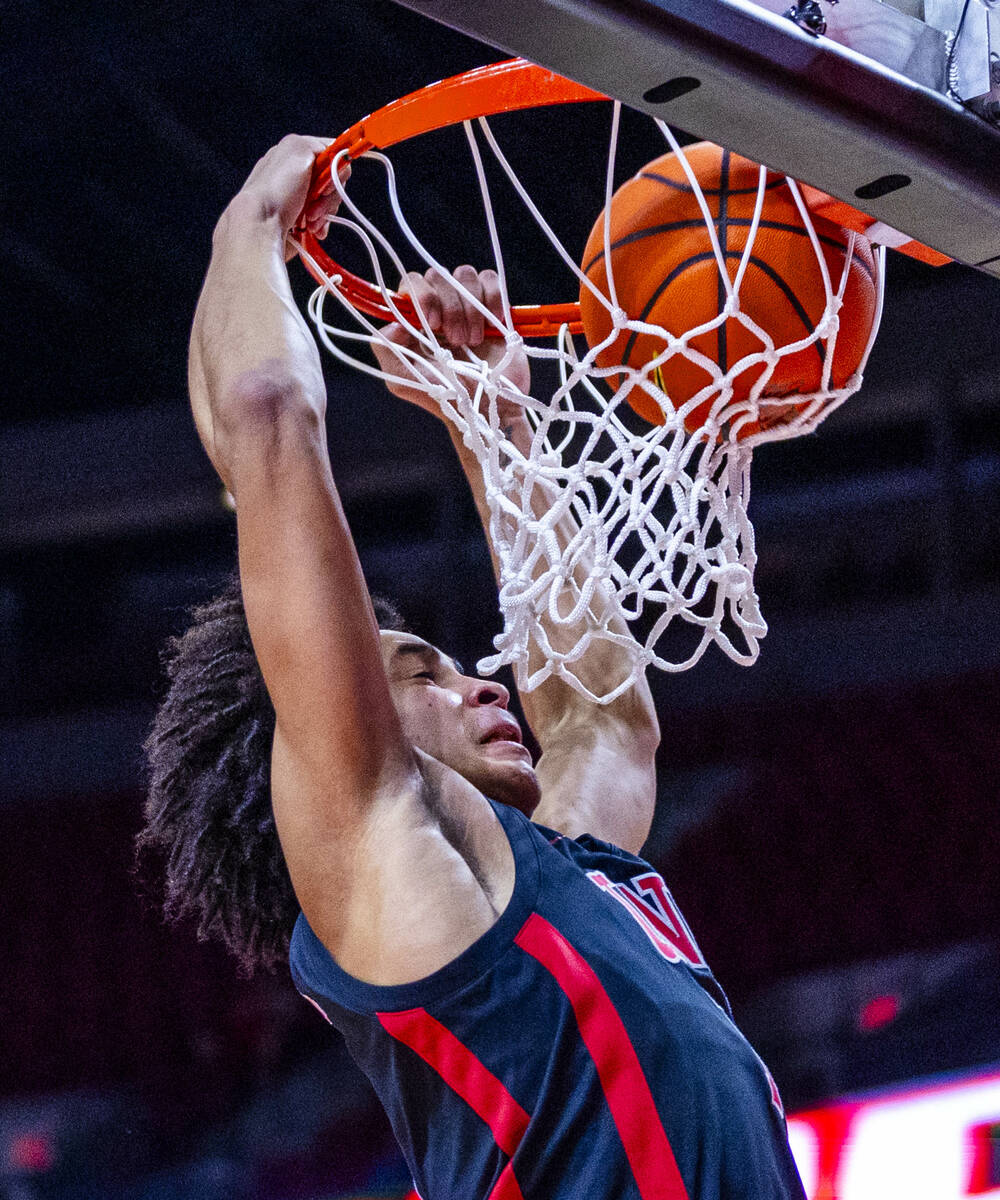 UNLV forward Jalen Hill (1) dunks the ball against the Boise State Broncos during the second ha ...