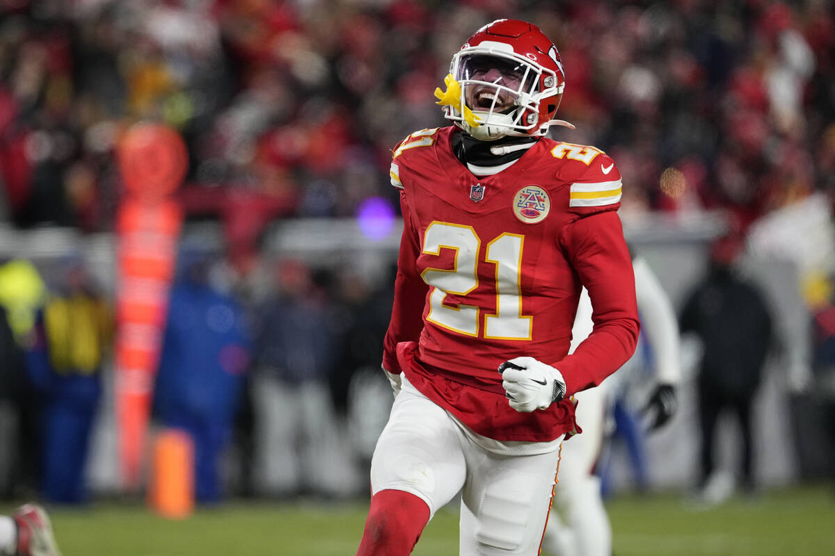 Kansas City Chiefs safety Jaden Hicks celebrates a sack against the Houston Texans during an NF ...