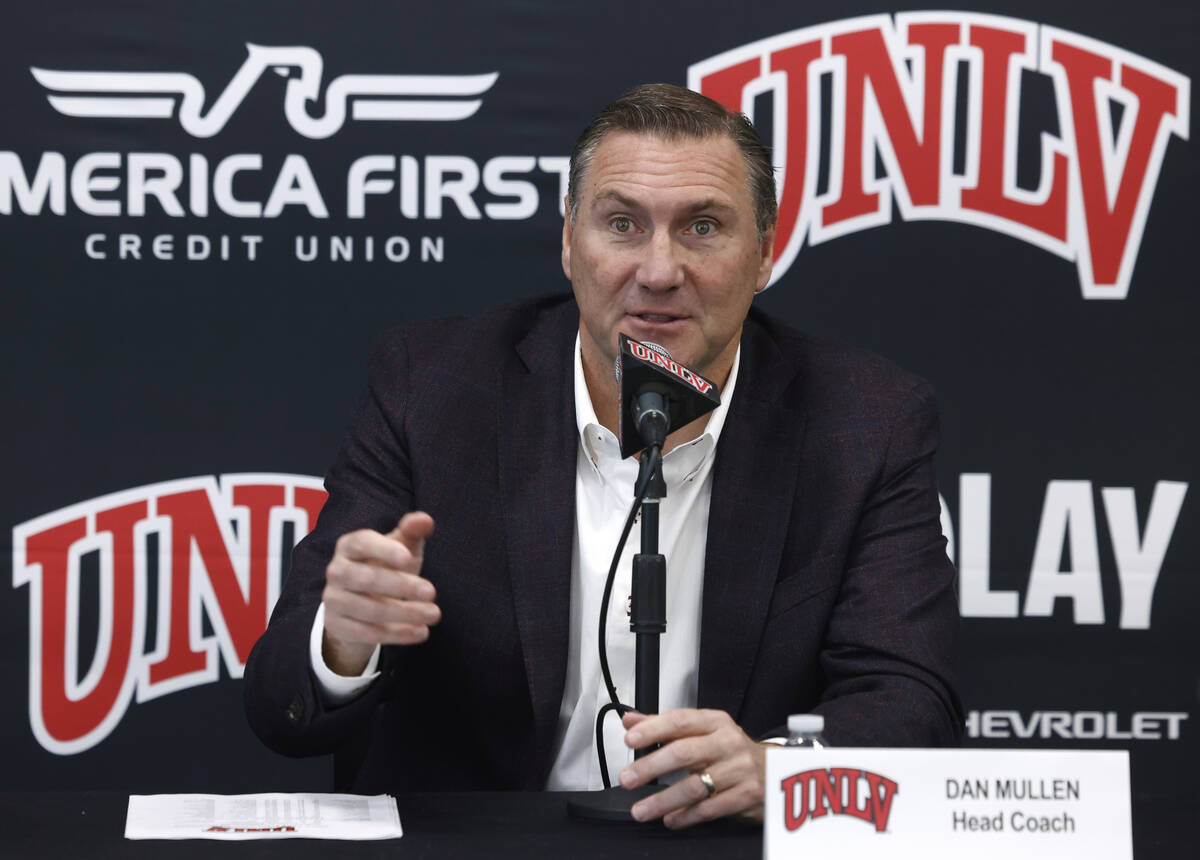 UNLV football coach Dan Mullen speaks during a press conference at Fertitta Football Complex, o ...
