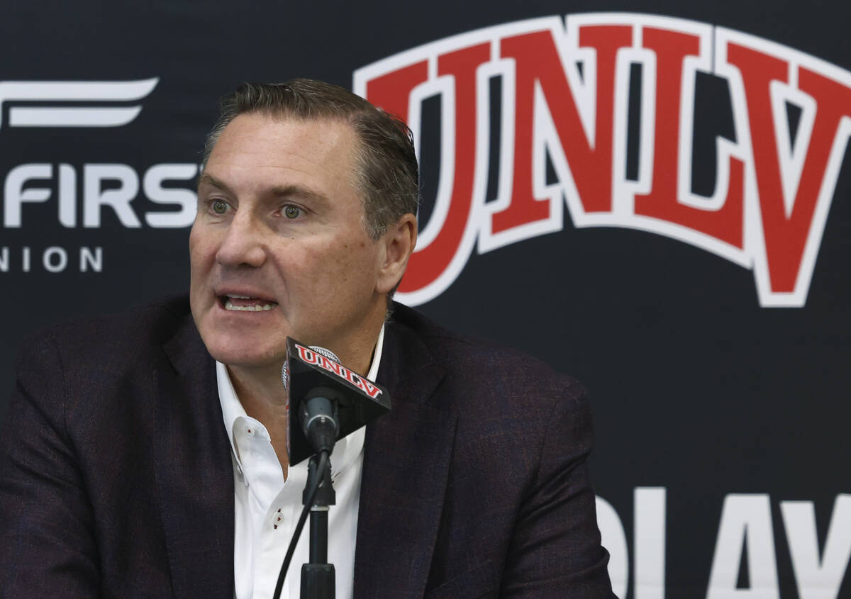 UNLV football coach Dan Mullen speaks during a press conference at Fertitta Football Complex, o ...