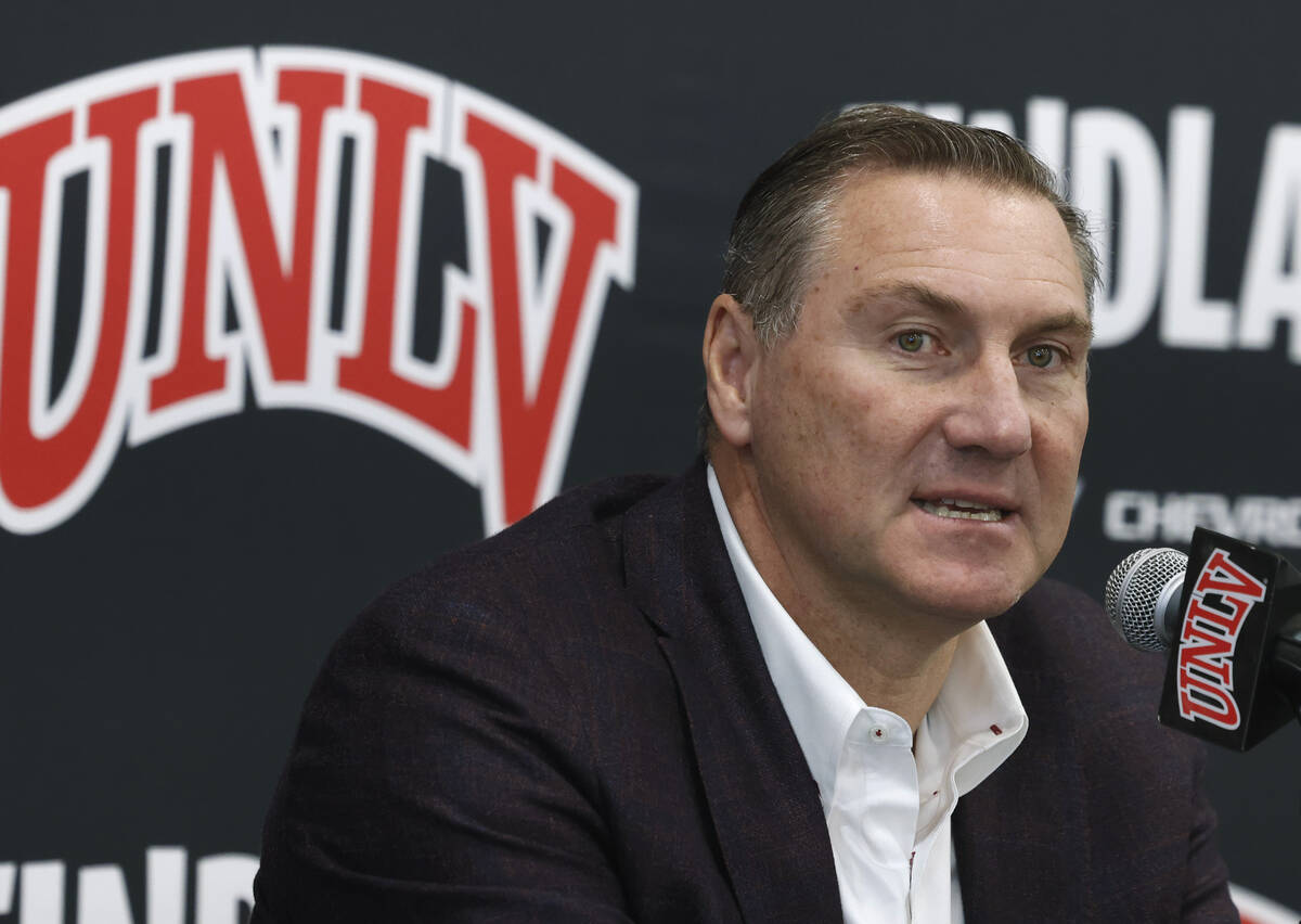 UNLV football coach Dan Mullen speaks during a press conference at Fertitta Football Complex, o ...