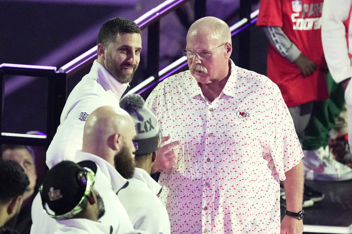 Philadelphia Eagles coach Nick Sirianni, left, and Kansas City Chiefs coach Andy Reid meet on s ...