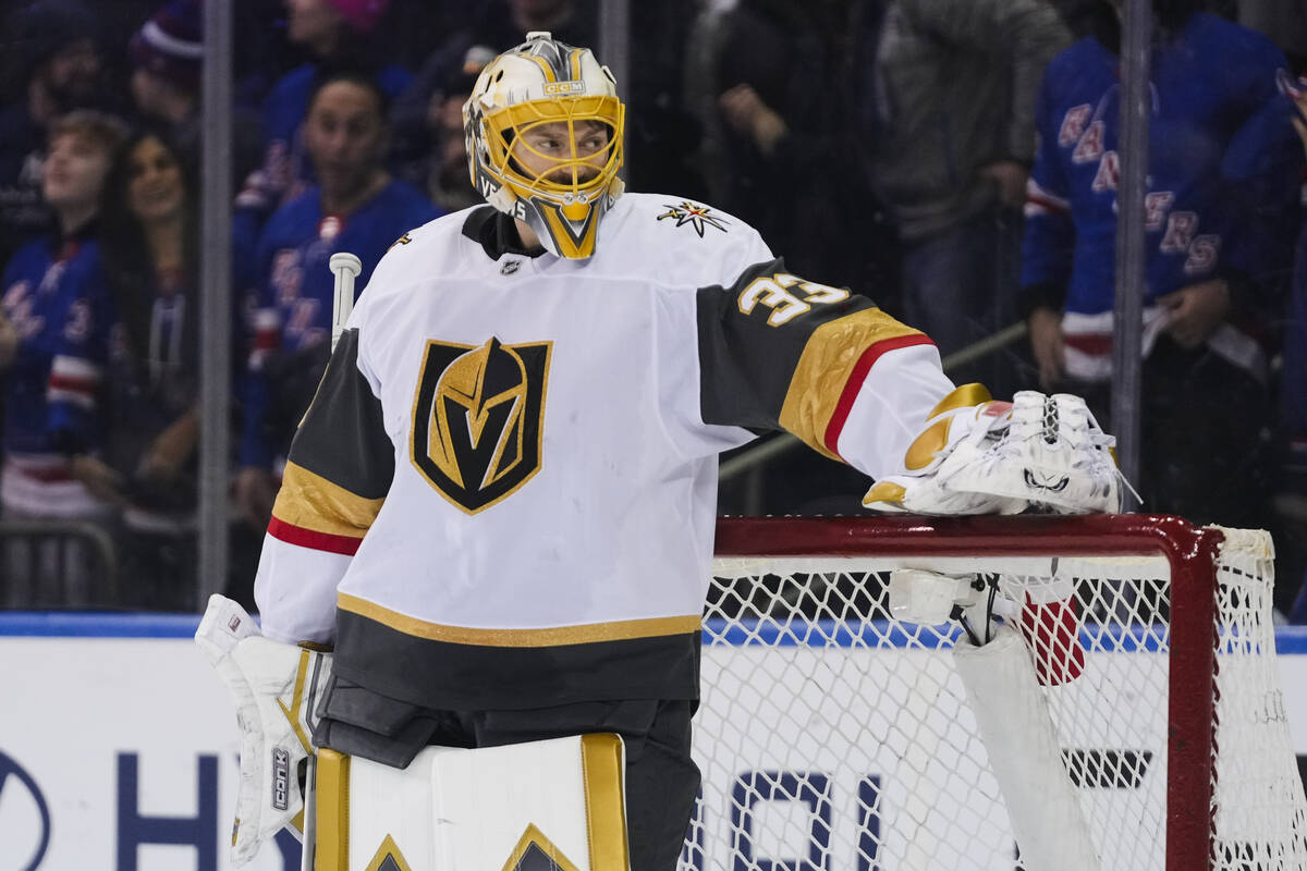 Vegas Golden Knights goaltender Adin Hill (33) reacts after New York Rangers left wing Artemi P ...