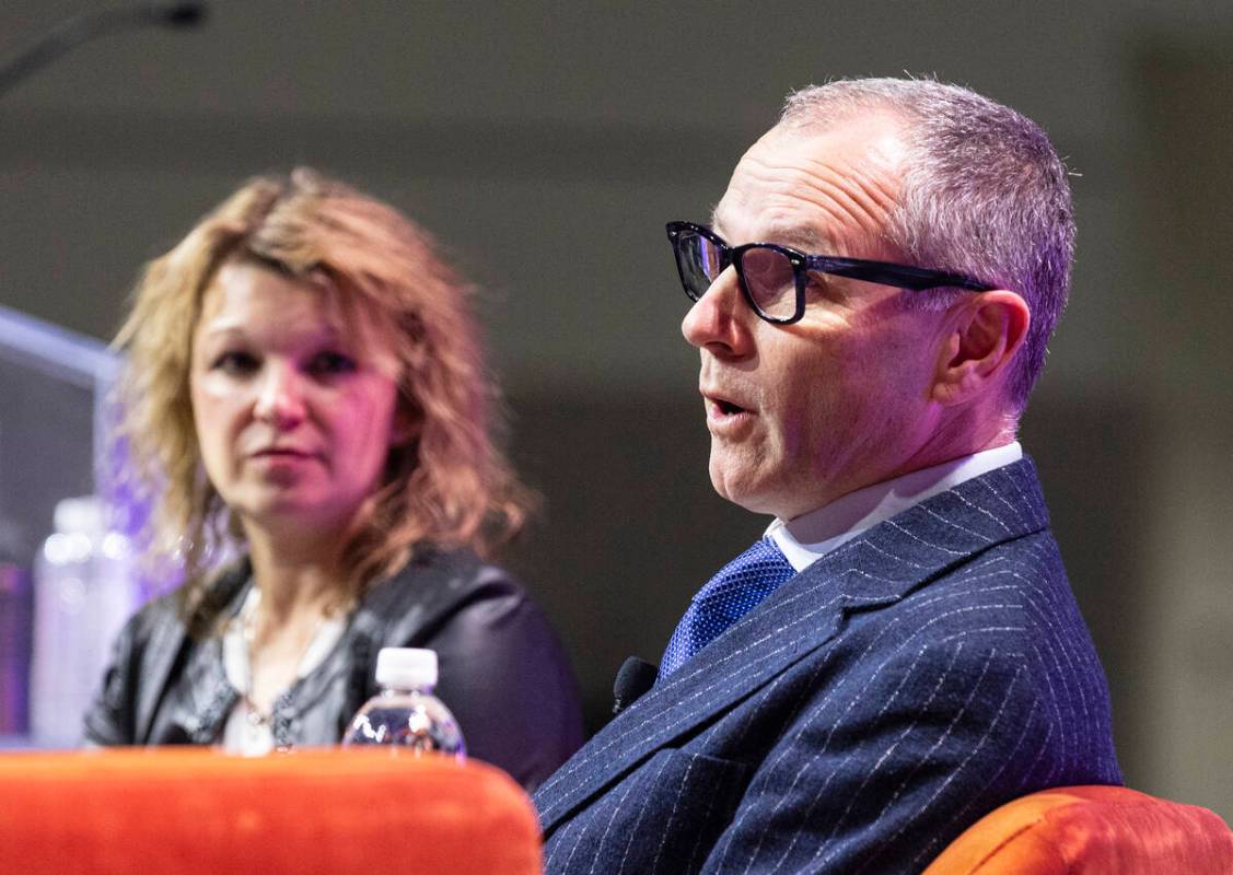 Stefano Domenicali, president and CEO of Formula One, speaks as Renee Wilm, CEO of the Las Vega ...