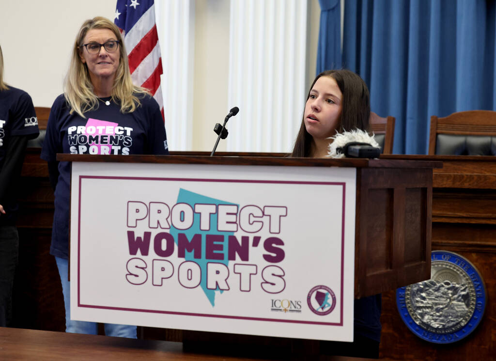 Middle school student Ava Chavez speaks during a rally in celebration of National Girls and Wom ...
