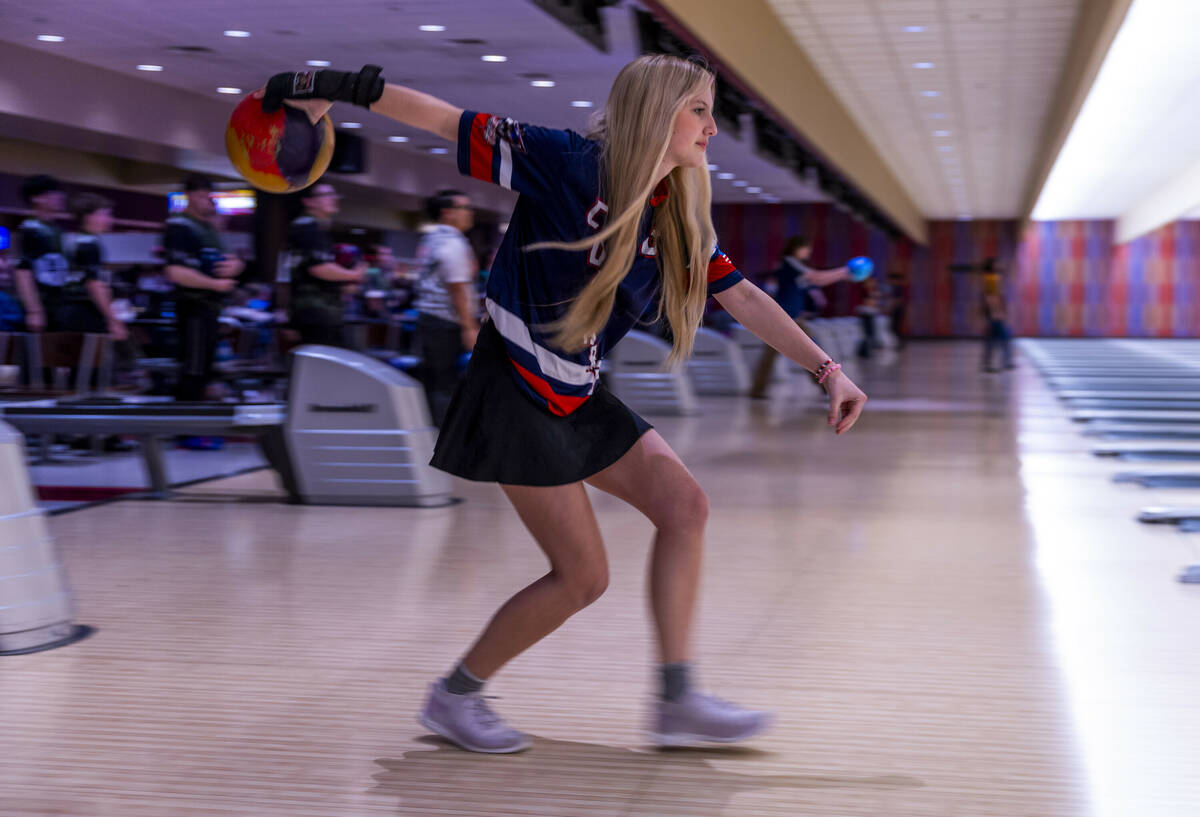 Coronado bowler Kaylen Lilly releases a throw as they take on Clark for their 5A high school gi ...