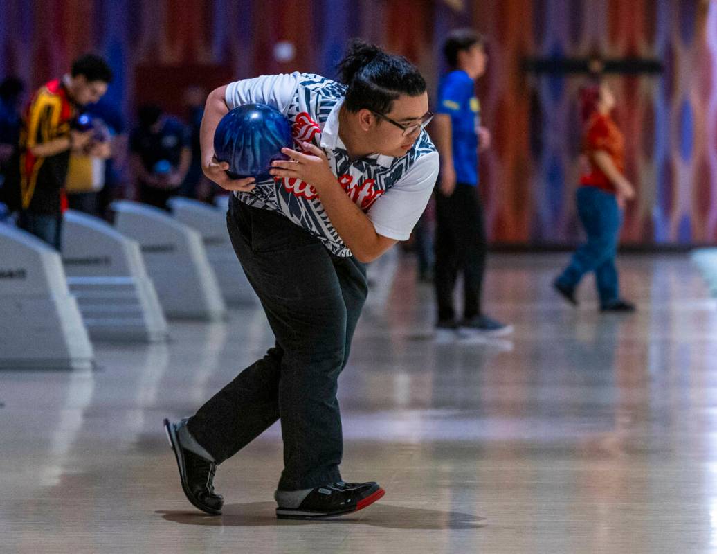 Liberty bowler Cyrus Alo releases a throw as they take on Palo Verde for their 5A high school b ...