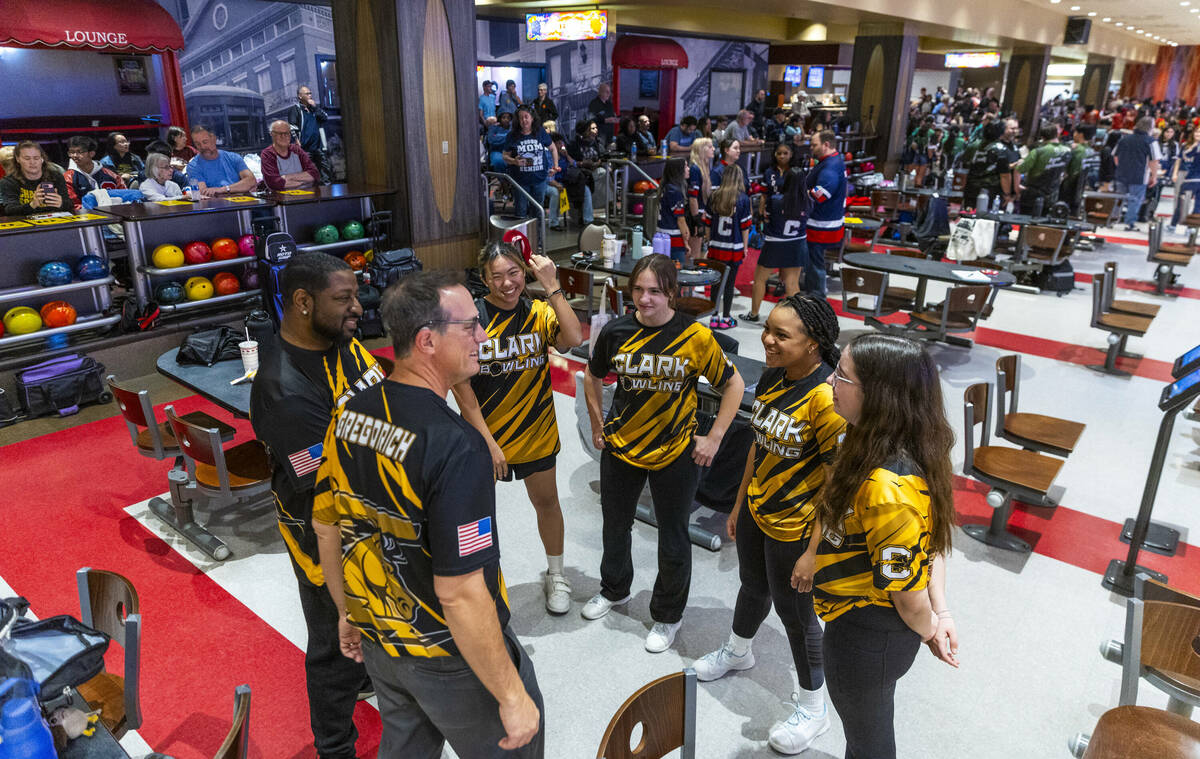 The Clark bowling team gathers for a quick huddle as they take on Coronado during their 5A high ...